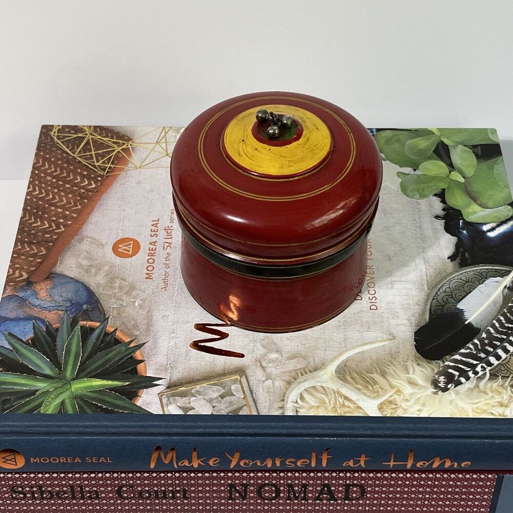 Vintage Wood Kumkum Lacquered Box Tika Powder Trinket Box Red Metal Pom Pom - Picture 9 of 17